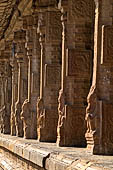 The great Chola temples of Tamil Nadu - The Airavatesvara temple of Darasuram. Details of the pillars of the prakara-wall surrounding the temple. 